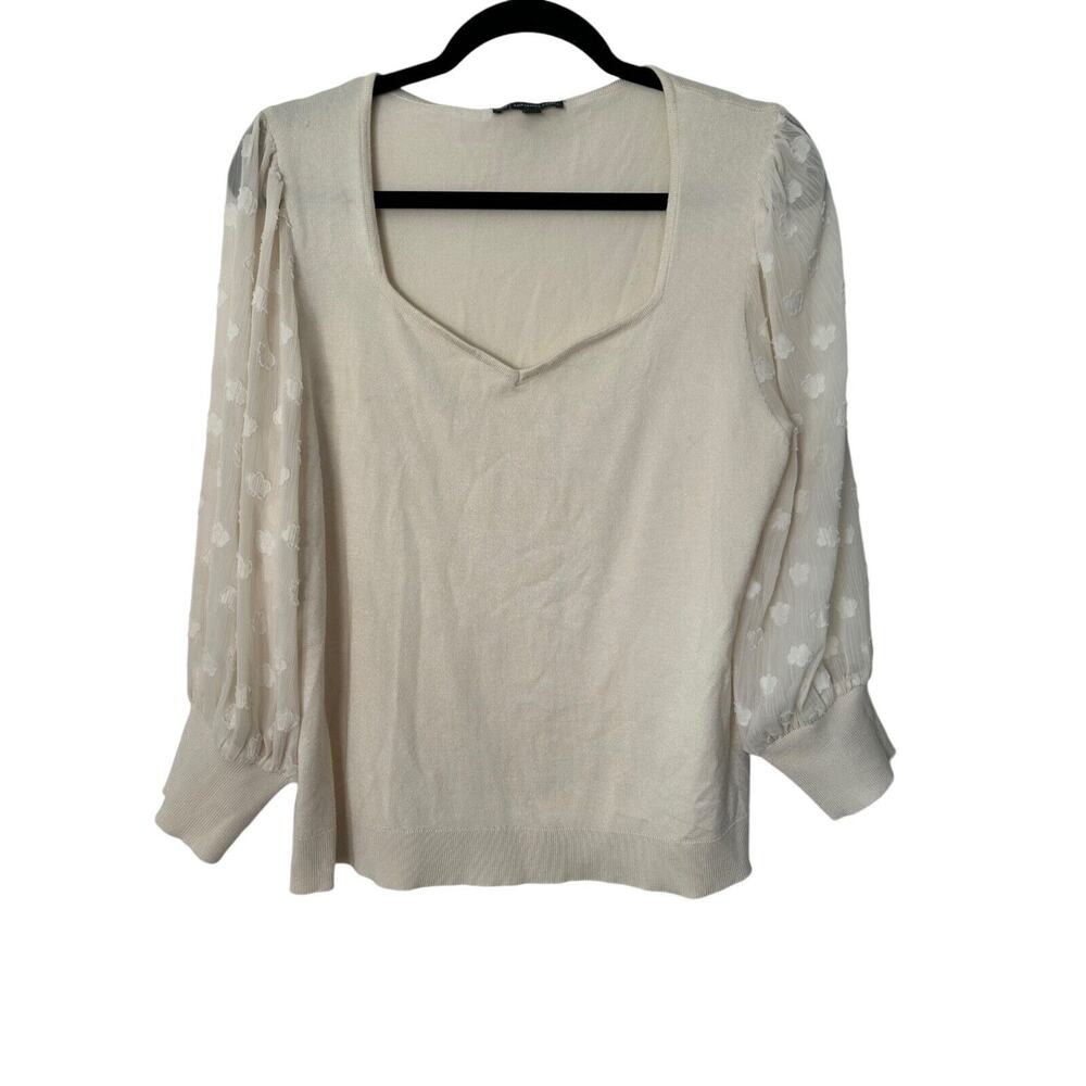 Adrianna Papell Top Womens Large White Sheer Sleeve Round Neck Career Sweater